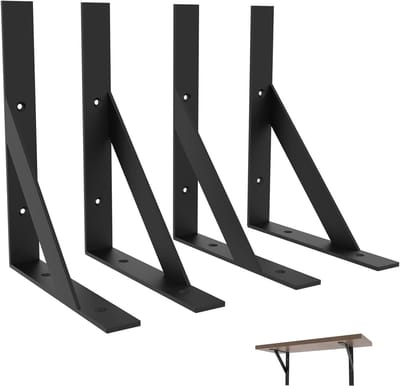 Robuuste Planksteunen, 200 x 255 mm, Zwarte Steunen voor Planken, Hoekbeugels, L-vormige Klemmen, Drijvende Planksteunen, Set van 4 voor Sterke Ondersteuning