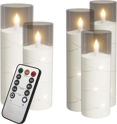 NAIZY 5x LED Kaarsen Kerstkaarsen Theelichtjes draadloos warm wit Kerstkaars met timerfunctie afstandsbediening kaars met clip, voor feestdecoratie met Batterij 14+16+18+20cm Hoog, Transparant