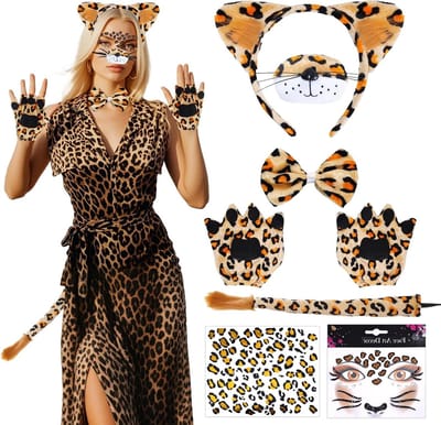 Leopard Kostuum Set met Gezichtsartiest Stickers, Handschoenen, Hoofdband en Strik voor Carnaval en Halloween Feestaccessoires