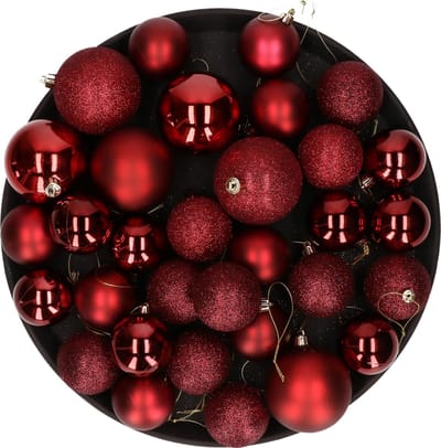 Kerstversiering set kerstballen in het donkerrood 6 - 8 - 10 cm pakket - 40x stuks - mat/glans/glitter mix