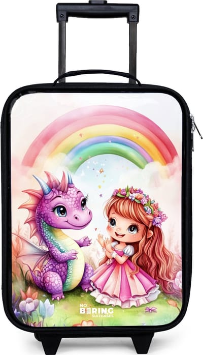 NoBoringSuitcases.com® - Kinderkoffer jongen - Kindertrolley meisje - Meisje met paarse draak onder regenboog - Koffer kind lichtgewicht - Reiskoffer trolley voor kinderen - Koffertje met lichtgevende wieltjes - Rolkoffer zwart