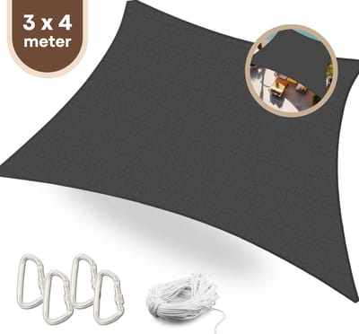 FOXLY® Schaduwdoek Rechthoek 3 x 4 Meter Donkergrijs - HDPE Materiaal - Incl. Touw en Karabijnhaken - Schaduwdoeken - Schaduwnet - Zonwering
