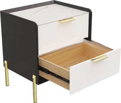 Nachtkastje met 2 Laden - Gouden Metalen Poot en Marmeren Tafelblad - Bijzettafel voor Sofa of Einde Tafel
