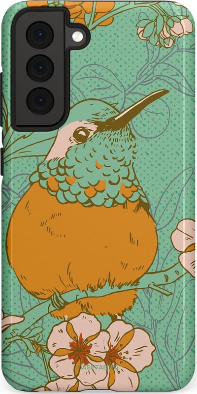 Casetastic hoesje geschikt voor Samsung Galaxy S21 FE 5G - Dubbellaagse bescherming - Bloesem Kolibrie - Fashion Case - Mintgroen Okergeel Zand