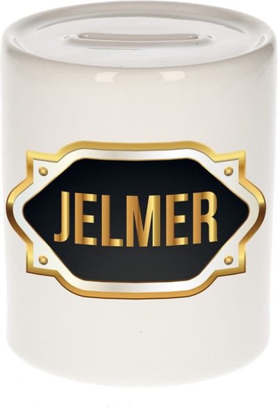 Spaarpot met voornaam Jelmer - wit - met goud/zwart embleem - 8 x 9 cm - keramiek - met afsluitdop - cadeau verjaardag