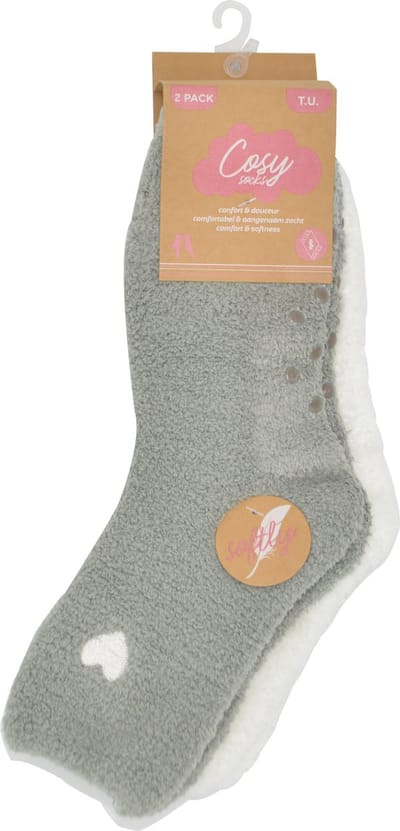 Fluffy huissokken dames - anti-slip sokken - Grijs & wit - heart embroidary - super zacht - maat 36/41