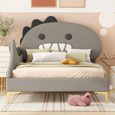 Kinderbed - 90x200 cm - Dinosaurus Vorm - Plat Model - Kunstleer - Grijs