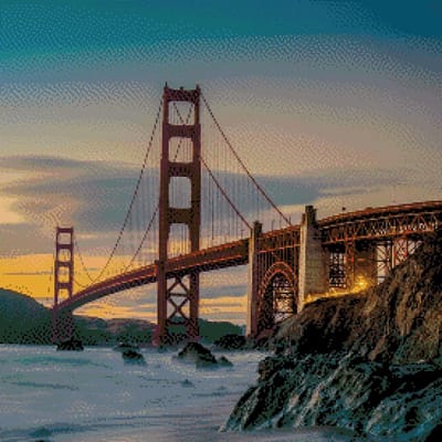 MyHobby Borduurpakket – Golden Gate Bridge San Francisco 50×50 cm - Aida borduurstof 5,5 kruisjes/cm (14 count) - Telpatroon - Borduurgaren - Borduurnaald - Handleiding - Voor Beginners & Gevorderden - Complete borduurset