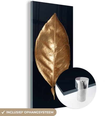 MuchoWow® Glasschilderij 60x120 cm - Schilderij acrylglas - Bladeren - Chic - Goud - Planten - Zwart - Foto op glas - Schilderijen