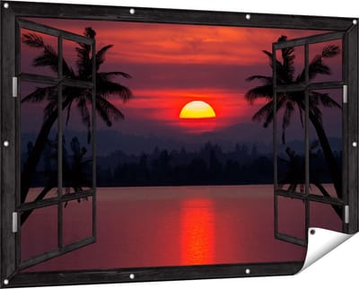 Gards Tuinposter Doorkijk Zonsondergang op het Strand met Palmbomen - 150x100 cm - Tuindoek - Tuindecoratie - Wanddecoratie buiten - Tuinschilderij