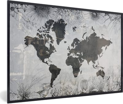 Poster in lijst - Fotolijst 90x60 cm - Posters - Wereldkaart - Bloemen - Hout - Posterlijst zwart - Decoratie - Wanddecoratie woonkamer - Muurdecoratie slaapkamer