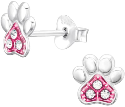 Joy|S - Zilveren kat hond dierenpoot oorbellen - 7.4 x 7.2 mm - roze - kristal - kinderoorbellen