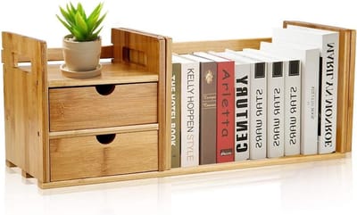 Verstelbare Bureau- en Boekenplank van Bamboe, Uitschuifbaar Organisatiesysteem met 2 Lades voor Efficiënte Opslag