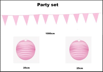 Party set roze - 1x Vlaggenlijn roze 1000cm + 2x Lampion roze 25cm -party festival thema feest