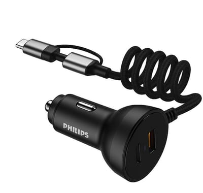 Philips Autolader DLP4301B/04 - Autolader USB C 72W - Auto Oplader USB C 2 Poorten met Lightning en Type-C Kabel - USB Autolader Snelladen 12V-24V - Zwart