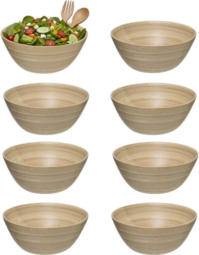 5Five Sla en serveer kommetjes - 8x - schaaltjes - bamboe hout - D17 x H7 cm - ontbijt - keuken