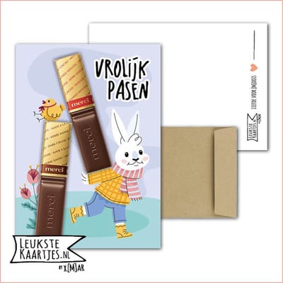 Kaartkadootje -> Merci Chocolade reepjes - No:13 (Vrolijk Pasen - Paashaas tilt Merci en kuiken) - LeuksteKaartjes.nl by xMar