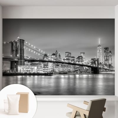 Coloray Behang - De metropoolbrug Wanddecoratie - 152x104 cm - Zwart-wit Behang - Voor liefhebbers van moderne metropolen en stedelijke esthetiek - Behang Voor op kantoor, voor de woonkamer, voor de slaapkamer - Vliesbehang Steden