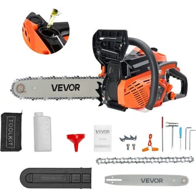 VEVOR 40cc benzinekettingzaag, 355 mm benzinekettingzaag, krachtige zaag van 1,8 pk met antisliphandgreep, twee brandstoftanks, noodstopfunctie, max. 12.000 tpm, voor houtkap, snoeien en ruimen van bomen