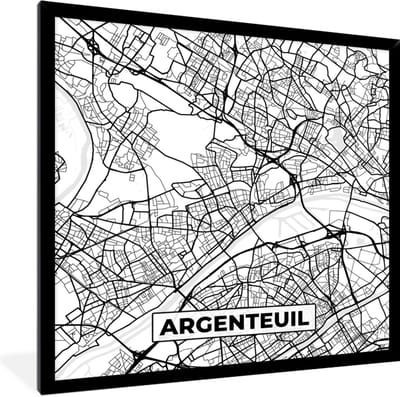 Fotolijst incl. Poster Zwart Wit- Plattegrond - Argenteuil - Kaart - Frankrijk - Stadskaart - Zwart wit - 40x40 cm - Posterlijst