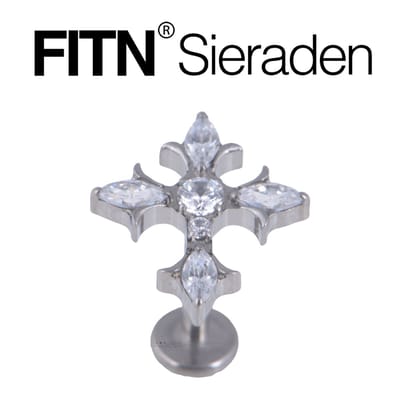 FITN-LB-0345-Titanium Inwendige Schroefdraad Oorpiercing-Zilver Kleurige met Cirkonia-1.2*8- Kruis Oorbellen