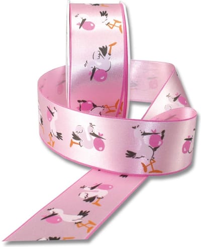 cadeau lint Roze Ooievaar die het babymeisje brengt / rol 20m x 4 cm / Adebar / Pattberg