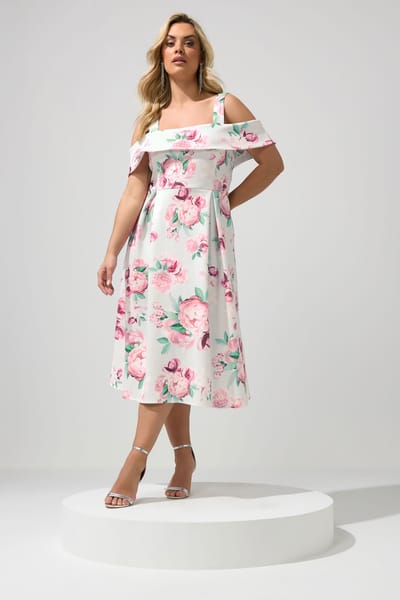 Yours London Saliegroene Skaterjurk Met Bloemenprint En Blote Schouders Size 42