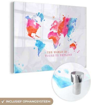 ® Glasschilderij 120x90 cm - Schilderij acrylglas - Wereldkaart - Spreuk - Motivatie - Reizen - Foto op glas - Muurdecoratie woonkamer - Wanddecoratie slaapkamer - Schilderijen