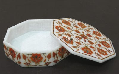 Marmeren Sieradenkistje - Opbergdoos Decoratief - Sieraden Opbergen - Handgemaakt Inlay Art - 16 Inch Lengte - Wit