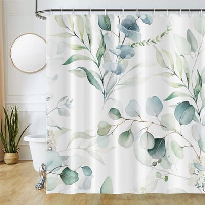 Douchegordijn met groene bladeren, Eucalyptus blad, plantenmotief, douchegordijnen, anti-schimmel, waterdicht, polyester, wasbaar, badkamergordijn met 12 haken, 200 x 180 cm (b x h)