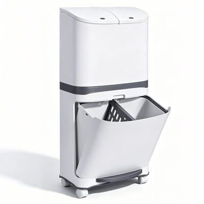 Lemonmax Afvalscheidingsbak 48L met 3 Vakken - Pedaalemmer op Wielen met Deksel - Smalle Prullenbak 36x20x79 cm voor Keuken - Wit