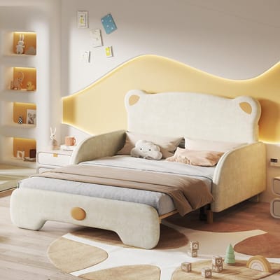 Kinderbed - Uittrekbaar bed - Logeerplek creëren - Verstelbaar ligvlak - 140x200cm - Beige