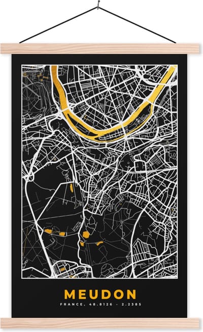 Posterhanger incl. Poster 40x60 cm - Schoolplaat - Meudon - Kaart – Stadskaart – Frankrijk – Plattegrond - Textielposter - Blanke latten - Stadskaart