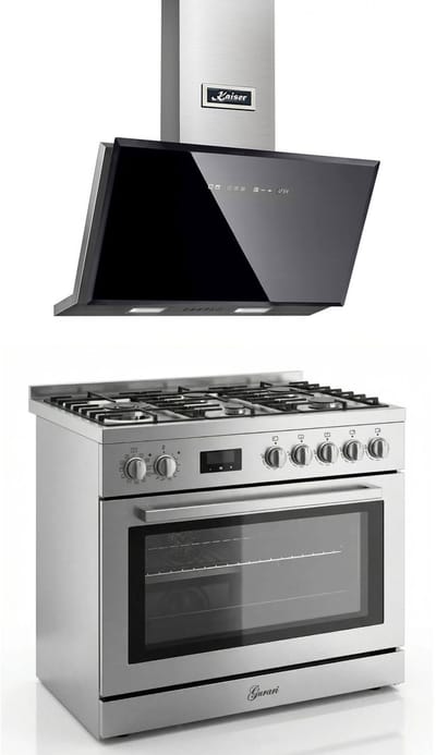 Gasfornuis Roestvrij staal Gas Elektro Fornuis 90 cm 126 L Aardgas Fl.Gas 4 Kw WOK, Zelfreinigend GCH E 818 X + +Afzuigkap 90 cm AT 9430 F