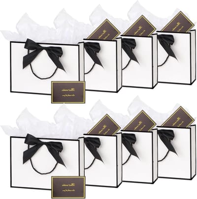 SnelShoppen - 8 Stuks Middelgrote Geschenkzakjes met Handvat, Striklint en Kaart - 20x28x10 cm - Wit/Zwart - Bedankzakjes voor Afstuderen, Bruiloft, V