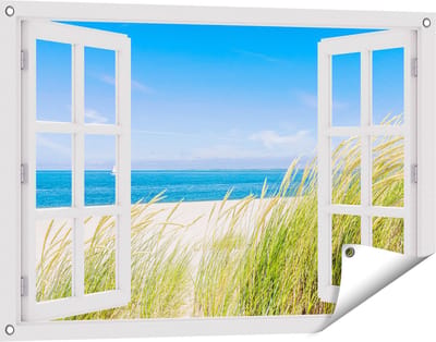 Gards Tuinposter Doorkijk Strand en Zee met een Zeilboot - 90x60 cm - Tuindoek - Tuindecoratie - Wanddecoratie buiten - Tuinschilderij