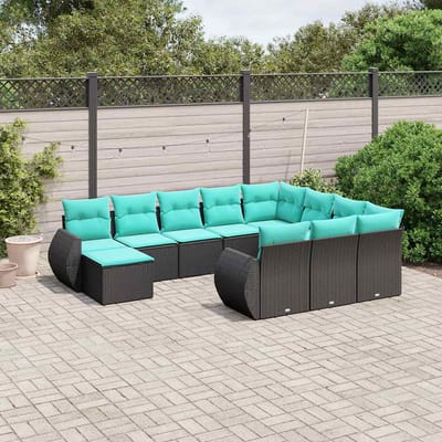 vidaXL - 11-delige - tuinbankset - met - kussens, - zwart - polyrotan