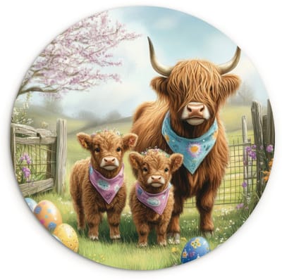 WallCircle® Wandcirkel 120x120 cm - Muurcirkel Schotsehooglanders - Paaseieren - Lente - Muurdecoratie woonkamer - Wanddecoratie slaapkamer - Kamer decoratie accessoires - Ronde schilderijen XXL