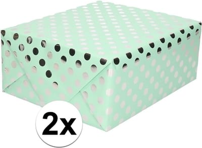 Luxe folie inpakpapier/cadeaupapier - 2x - mintgroen/zilveren stip - 200 x 70 cm - Geschenkpapier - Cadeautjes inpakken