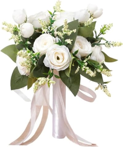 Romantisch Zijden Bruidsboeket Witte Rozen - Real Touch Kunstbloemen voor Bruiloft en Feestdecoratie