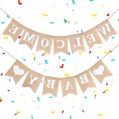 Baby Banner - Welkom Slagroom - Babyfeest Versieren - Rustiek Jute Materiaal - Dubbele Garland - Natuurlijk Beige