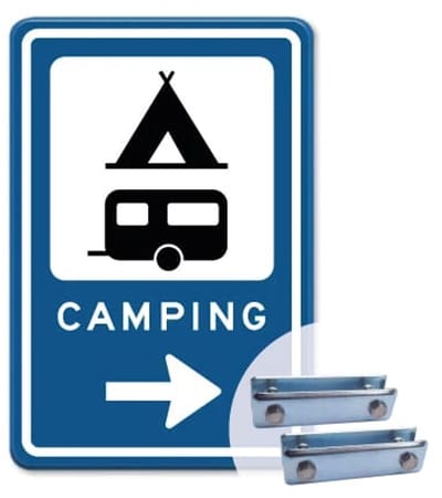 Bord Camping pijl rechts - Weerbestendig Aluminium - 40x60 cm - Bevestiging: Met hekbeugels (voor spijlen- of gaashek)