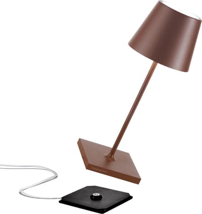 Zafferano Poldina Pro Mini Tafellamp - Oplaadbare Buitenlamp Roest Bruin - IP65 Spatwaterdicht - Bureaulamp Snoerloos - Dimbare LED Lamp - Tuinlamp met Draadloos Oplaadstation - 30 cm x Ø 11cm