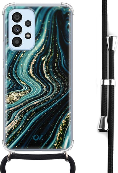 Telefoonhoesje met koord geschikt voor Samsung A53 - Blue Marble Waves - Inclusief koord - Transparant, Blauw - - Crossbody beschermhoes - Met Telefoonketting