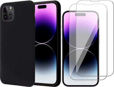 Hoesje geschikt voor iPhone 14 Pro - Matte Back Cover Microvezel Siliconen Case Hoes Zwart - 2x Tempered Glass Screenprotector
