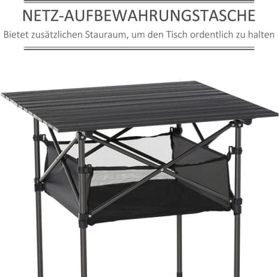 MIVRAY Campingtafel - Opvouwbare Kampeertafel Met Netvak En Oprolbaar Blad - Voor Kamperen En Buiten Eten - Aluminium En Staal - Zwart - 70x70x69 Cm