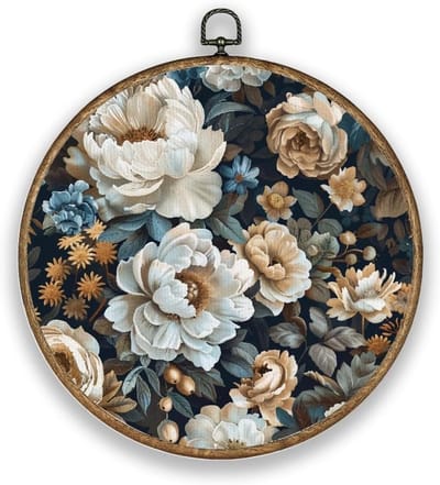 Pioenrozen Bloemen Ronde Muurkunst Decoratie met Vintage Houten Lijst voor Tuin en Kantoor - Mooie Canvas Prints en Kunstwerk met Diameter 26 cm