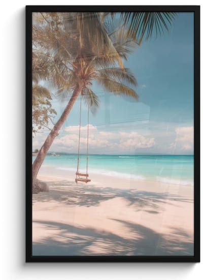 Poster in lijst - Fotolijst 60x90 cm - Posters - Palmboom - Schommel - Strand - Lucht - Posterlijst zwart - Decoratie - Wanddecoratie woonkamer - Muurdecoratie slaapkamer
