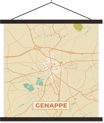 Posterhanger incl. Poster 60x60 cm - Schoolplaat - Kaart - Stadskaart - Retro - Plattegrond - Genappe - Textielposter - Zwarte latten - Stadskaart