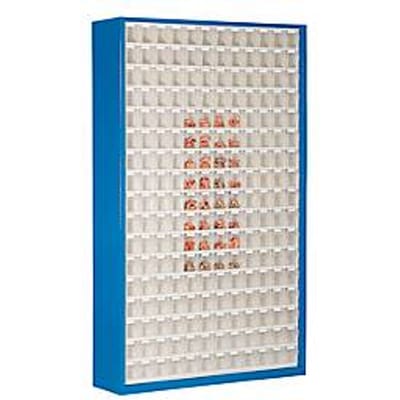 Opbergbakkast, volume 635 l, 204 uitneembare opbergboxen met verzonken greep, B 1270 x D 250 x H 2000 mm, g.blauw/transparant